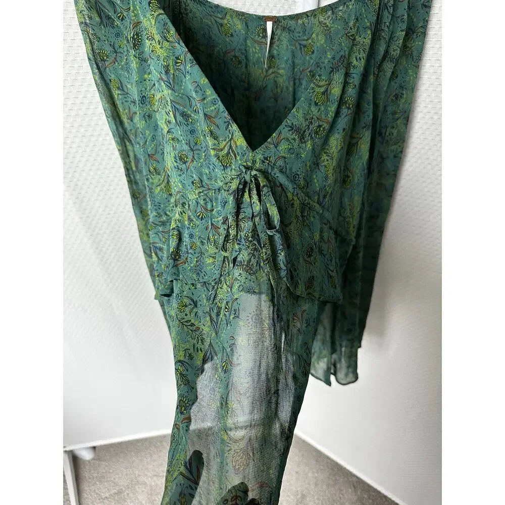 Free People Teal Green Printed Peasant Blouse